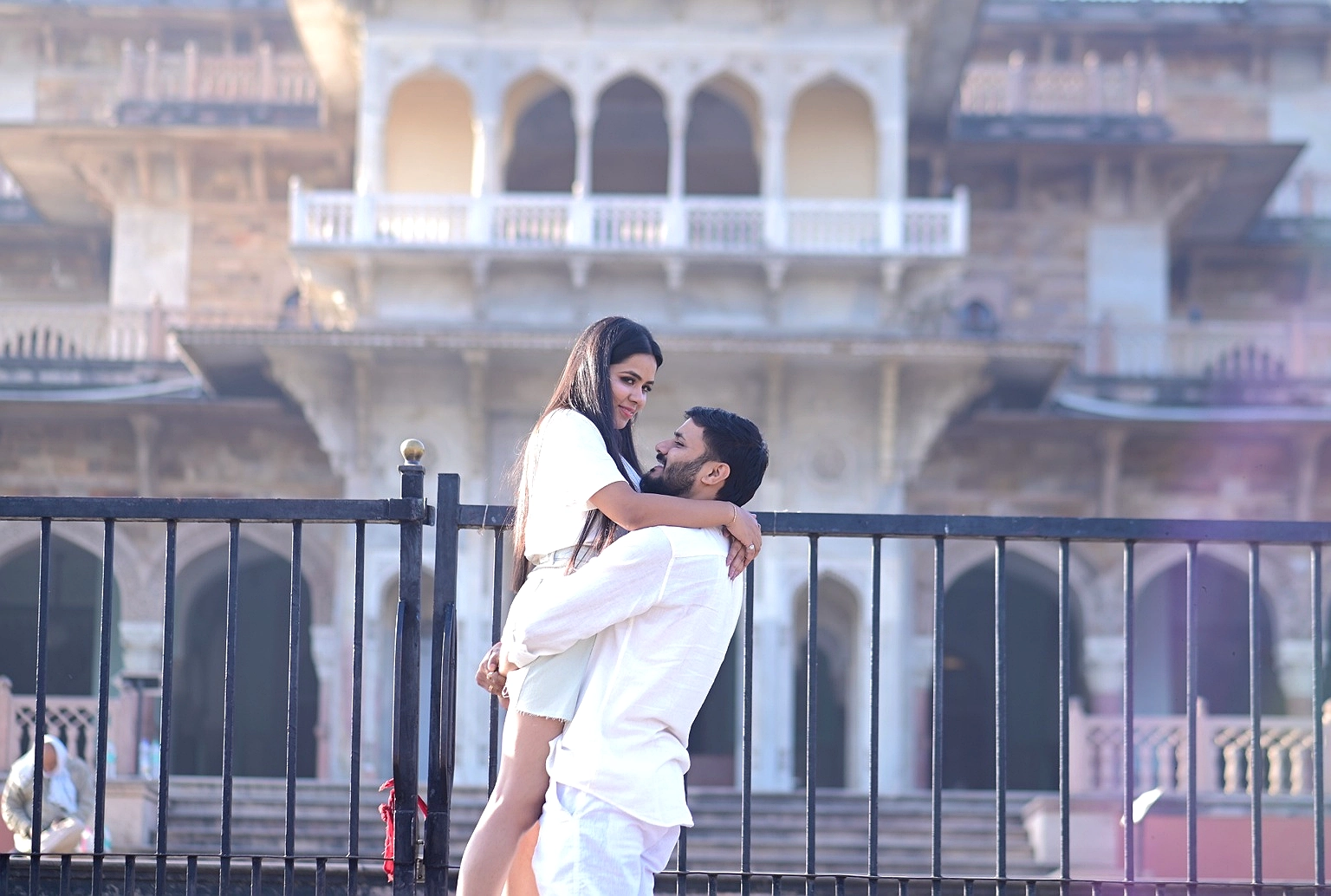 Romantic couple during pre wedding photoshoot in Delhi at a beautiful outdoor location