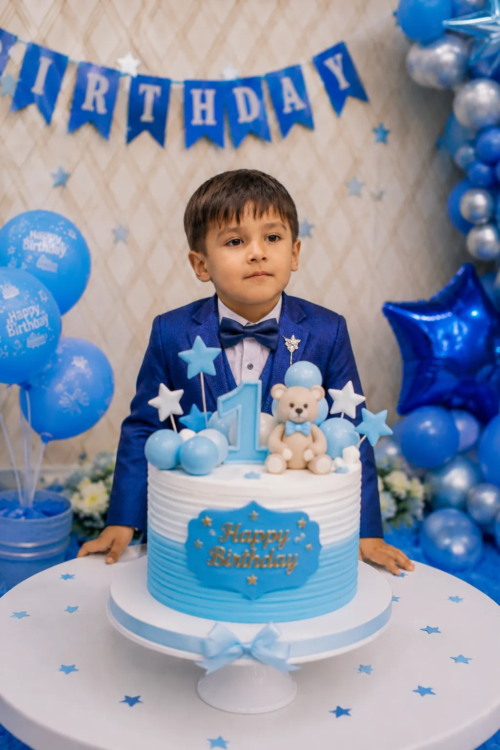 Birthday boy cutting his first birthday cake with family during a blue-themed birthday celebration in Delhi